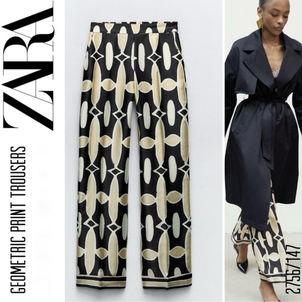 NWOT Zara Satin Geometric Print Straight Leg Trousers